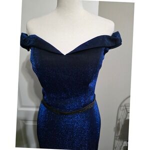 Sparkle Blue Glitter Off Shoulder Formal Gown Mermaid Dress Womens 8 MOB MOG
